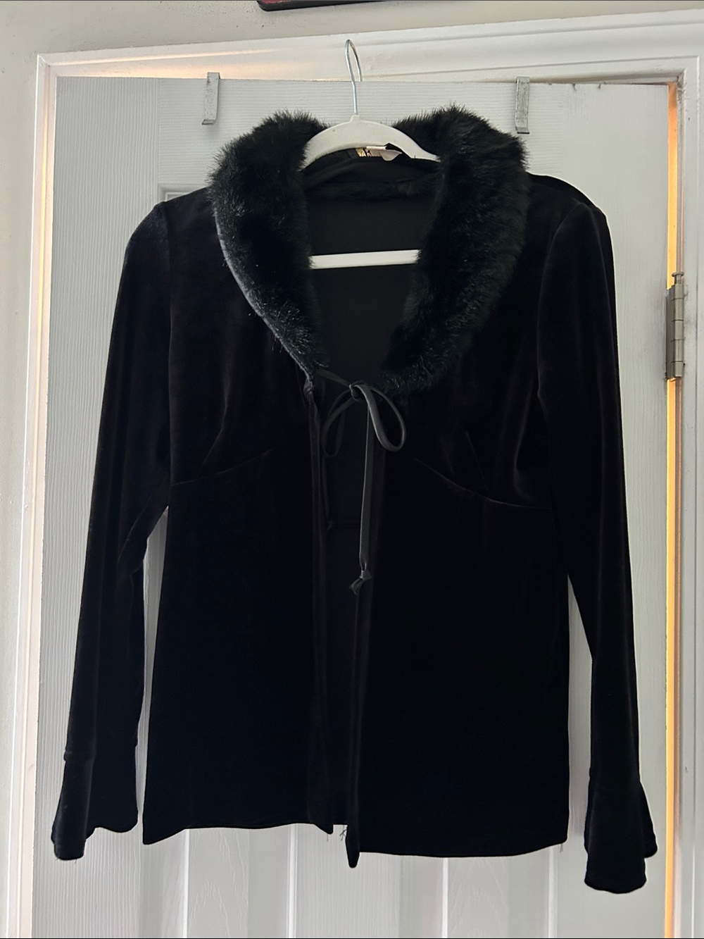 R&K Black Velvet Teddy Jacket with Faux Fur Collar